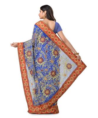 Blue Embroidered Super_Net Saree With Blouse 3