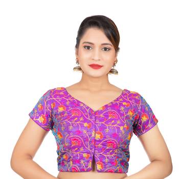 Dupion Silk Embroidered Purple Readymade Saree Blouse 1