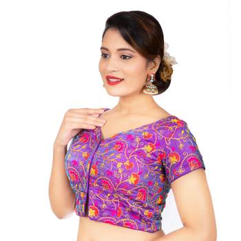 Dupion Silk Embroidered Purple Readymade Saree Blouse 2