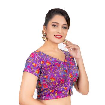 Dupion Silk Embroidered Purple Readymade Saree Blouse 3
