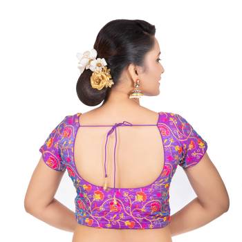 Dupion Silk Embroidered Purple Readymade Saree Blouse 4