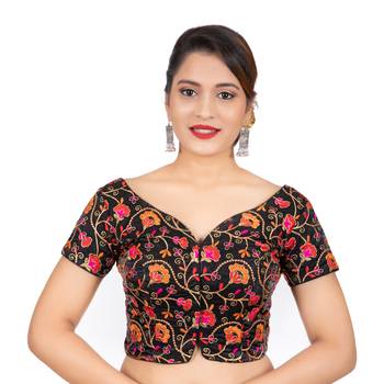 Dupion Silk Embroidered Black Readymade Saree Blouse 1
