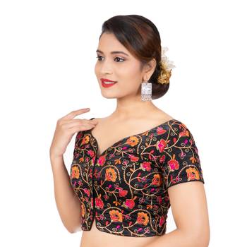 Dupion Silk Embroidered Black Readymade Saree Blouse 2