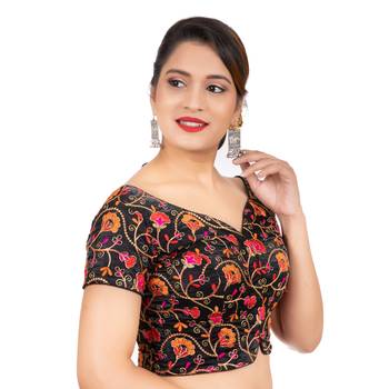 Dupion Silk Embroidered Black Readymade Saree Blouse 3