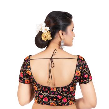 Dupion Silk Embroidered Black Readymade Saree Blouse 4