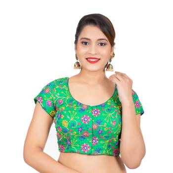 Dupion Silk Embroidered Green Readymade Saree Blouse 1