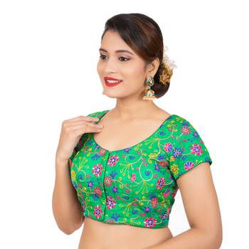 Dupion Silk Embroidered Green Readymade Saree Blouse 2