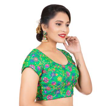 Dupion Silk Embroidered Green Readymade Saree Blouse 3