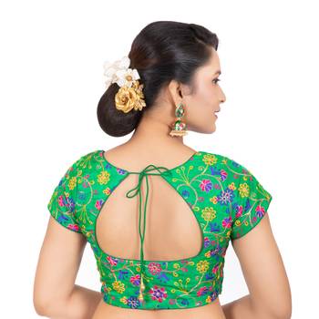 Dupion Silk Embroidered Green Readymade Saree Blouse 4