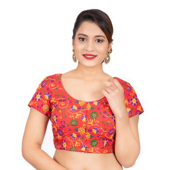 Dupion Silk Embroidered Red Readymade Saree Blouse 1