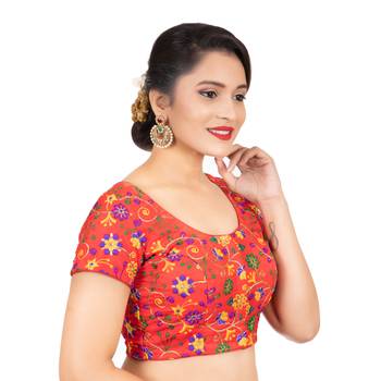 Dupion Silk Embroidered Red Readymade Saree Blouse 2