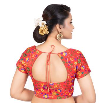 Dupion Silk Embroidered Red Readymade Saree Blouse 3
