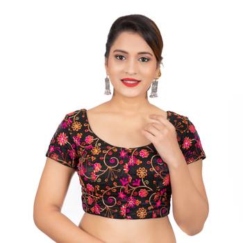 Dupion Silk Embroidered Black Readymade Saree Blouse 1