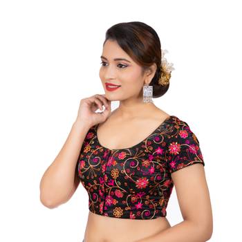 Dupion Silk Embroidered Black Readymade Saree Blouse 2