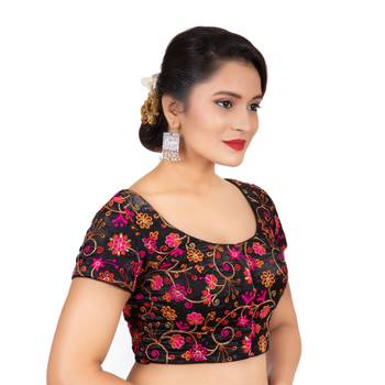 Dupion Silk Embroidered Black Readymade Saree Blouse 3