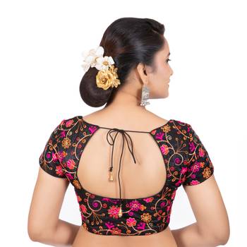 Dupion Silk Embroidered Black Readymade Saree Blouse 4