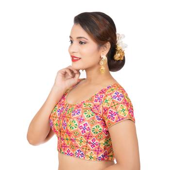 Dupion Silk Embroidered Beige Readymade Saree Blouse 2