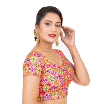 Dupion Silk Embroidered Beige Readymade Saree Blouse 3