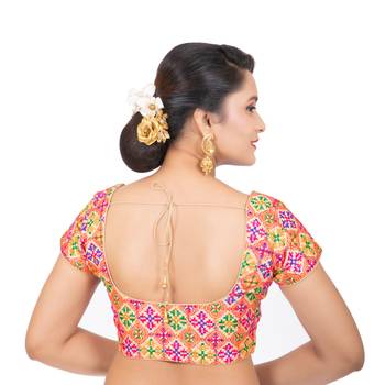 Dupion Silk Embroidered Beige Readymade Saree Blouse 4