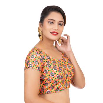 Dupion Silk Embroidered Beige Readymade Saree Blouse 3