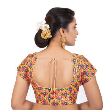 Dupion Silk Embroidered Beige Readymade Saree Blouse 4