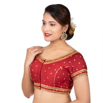 Dupion Silk Embroidered Red Readymade Saree Blouse 2