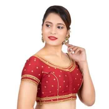 Dupion Silk Embroidered Red Readymade Saree Blouse 3