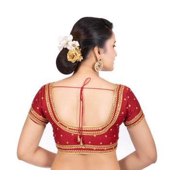 Dupion Silk Embroidered Red Readymade Saree Blouse 4