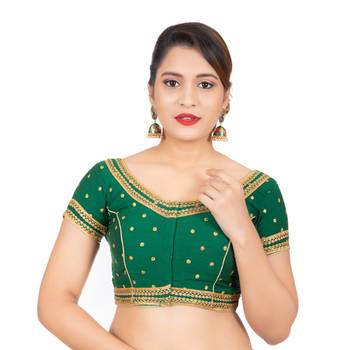 Dupion Silk Embroidered Green Readymade Saree Blouse 1