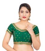 Dupion Silk Embroidered Green Readymade Saree Blouse