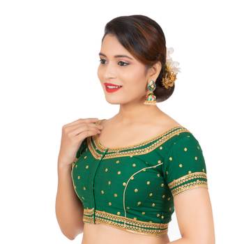 Dupion Silk Embroidered Green Readymade Saree Blouse 2