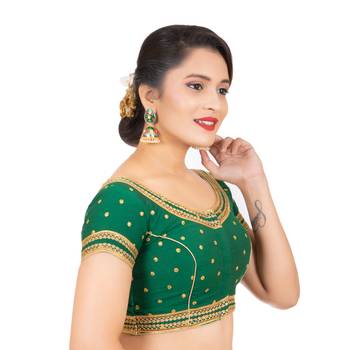 Dupion Silk Embroidered Green Readymade Saree Blouse 3