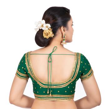 Dupion Silk Embroidered Green Readymade Saree Blouse 4