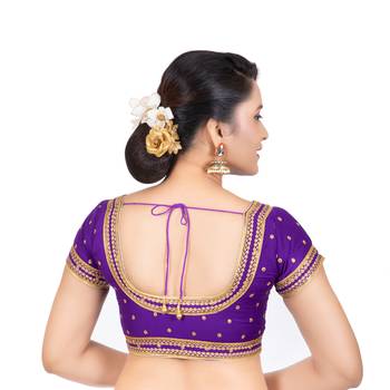 Dupion Silk Embroidered Purple Readymade Saree Blouse 4
