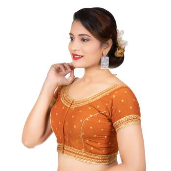 Dupion Silk Embroidered Mustard Readymade Saree Blouse 2