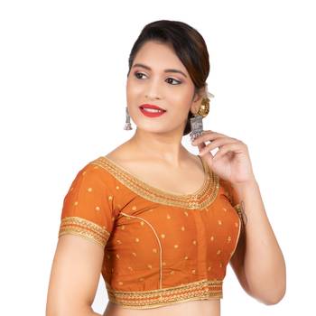 Dupion Silk Embroidered Mustard Readymade Saree Blouse 3