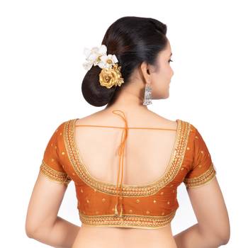 Dupion Silk Embroidered Mustard Readymade Saree Blouse 4