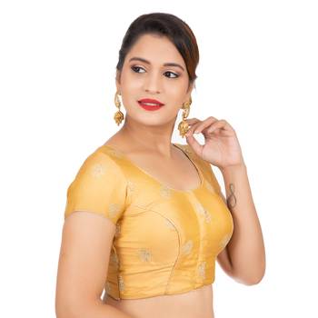 Dupion Silk Sequence Golden Readymade Saree Blouse 3
