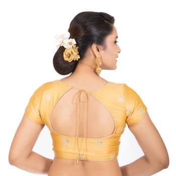 Dupion Silk Sequence Golden Readymade Saree Blouse 4