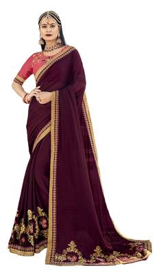 Maroon Embroidered Silk Blend Saree With Blouse 1