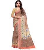Brown printed linen saree with blouse
