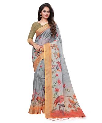 Grey printed linen saree with blouse 1