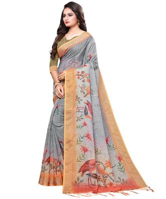 Grey printed linen saree with blouse 2