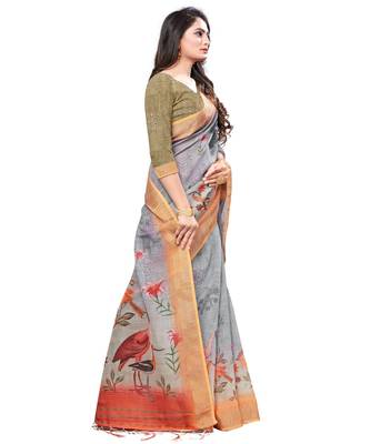 Grey printed linen saree with blouse 3