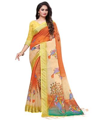 Orange printed linen saree with blouse 1