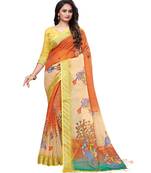 Orange printed linen saree with blouse