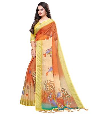 Orange printed linen saree with blouse 2