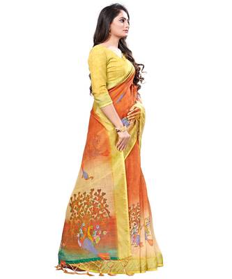 Orange printed linen saree with blouse 3