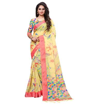 Yellow printed linen saree with blouse 1