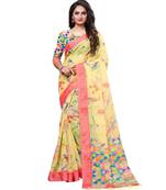 Yellow printed linen saree with blouse